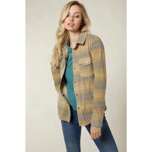 O’NEILL Zuma Superfleece Flannel Shacket Sz L Tan Olive Blue Stripe Print Button